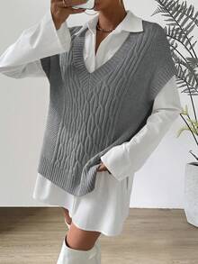 Chiquease Áo len chui đầu cổ chữ V màu trơn thường ngày cho nữ, mùa thu - Xám - Xem 4