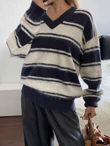 DAZY Women's Casual Colorblock Striped V-Neck Sweater, Autumn/Winter - Navy Blue - View 1