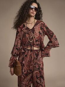 Florisole 女士优雅休闲荷叶边喇叭袖宽松系腰连体裤，秋冬浪漫衬衫裤套装波西米亚风女装 - 黑色 - 查看 8