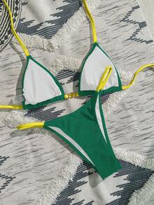 Swim Vcay Bộ đồ bơi bikini trơn màu phong cách hàng hải, họa tiết khối kim loại, họa tiết tam giác gợi cảm dành cho nữ đi biển - màu xanh lá - Xem 2