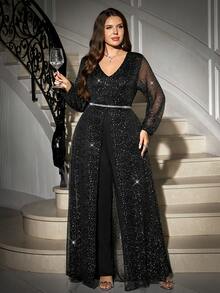 Gownix Curvy Plus-Size Women's Romantic And Elegant Party Jumpsuit, Black V-Neck With Sheer, Shimmering Silver-Stamped Mesh, Lantern Sleeves, Fitted Waist, Cape Style, Long Length, Made Of High-Quality, High-Elasticity Knit Fabric,Formal Jumpsuits For Women, New Year Women's Clothes , New Year Look , Elegant Dresses For Party , Curvy Party Dresses,Going Out ,Graduation Dress For Women ,Long Graduation Dress , Elegant Long Ball Gown , Prom Dresses For Women , Formal Ball Gowns For Women , Prom Dress Plus Size,Sparkly Dress ,Sequin Dress,Night Out,Date Night Outfits Women,Mother Of The Bride Dresses For Wedding,Formal Dresses For Women ,Luxury Dress,Chic Evening Dress ,Black Formal Dress For Women/Winter,Christmas And New Year,Party,2025 New,Elegant Party Dress,Women's Formal Wear ,Christmas,New Year,Hanksgiving Outfit For Women,Elegant Dresses For Women, Stylish Clothing Collection - Black - View 7