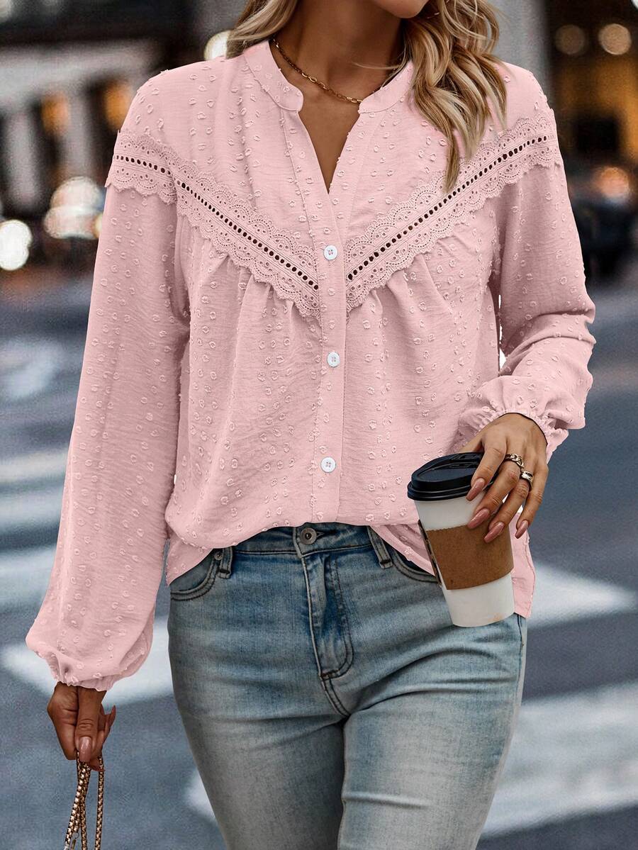 SHEIN LUNE 女式纽扣前长袖拼布衬衫,休闲日常女式衬衫 - 粉色 - 查看 1