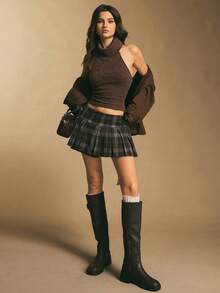 Poéselle Women's Black Plaid Pleated 2 In 1 Skort,Summer Retro Vintage 70s School Back-To-School Low Waist Patterned Print Casual Commuting Y2k Tennis Skirt - Coffee Brown - View 6