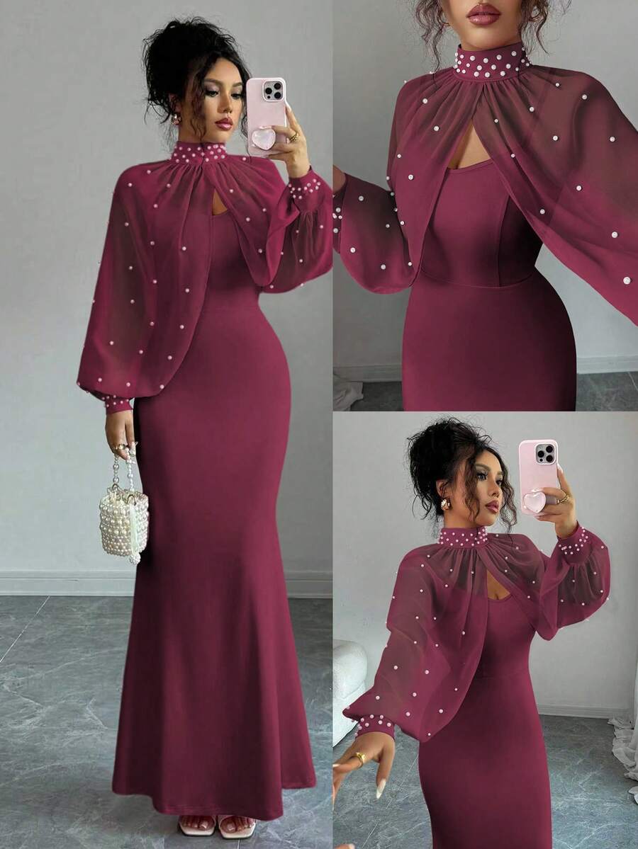 Elenzga New Elegant Mature Charm Evening Gown, Formal Dress, Dignified & Gentle, Dreamy Pink, Hand-Beaded Long Sleeve Top, Graceful Mermaid Hem Bodycon Slip Dress Set
