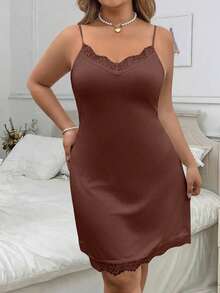 SHEIN Clasi 大码优雅纯色蕾丝边吊带连衣裙 - 棕色 - 查看 3