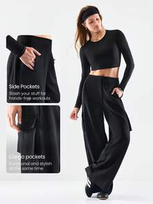 GLOWMODE 26" Cool Cargo Woven Wrinkle-Resistant Side Pockets Elastic Waistband Cargo Wide-Leg Pants  Daily Casual Wear Spring Summer - Black - View 4