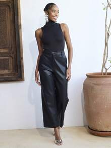 Dancing Leopard 黛娜黑色PU长裤，女士长裤，女士阔腿裤，女士夏季服装，女士职业装，女士休闲装，度假装，活动裤，女士办公室服装，女士度假装 - 黑色 - 查看 1