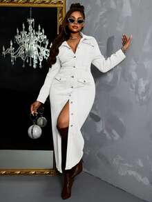 Slaydiva Plus Size Fashionable Commuter Solid Color Front Button Denim Dress - White - View 1