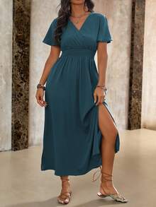 Roveilla 大码女式裹腰荷叶边袖连衣裙，适合圣诞节超长女装