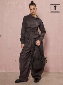 COUREZ Quần ống rộng dáng rộng có chi tiết lưới và túi bên hông cỡ lớn, quần sọc nâu thu đông Y2K đi chơi công sở - Nhiều màu - Xem 1