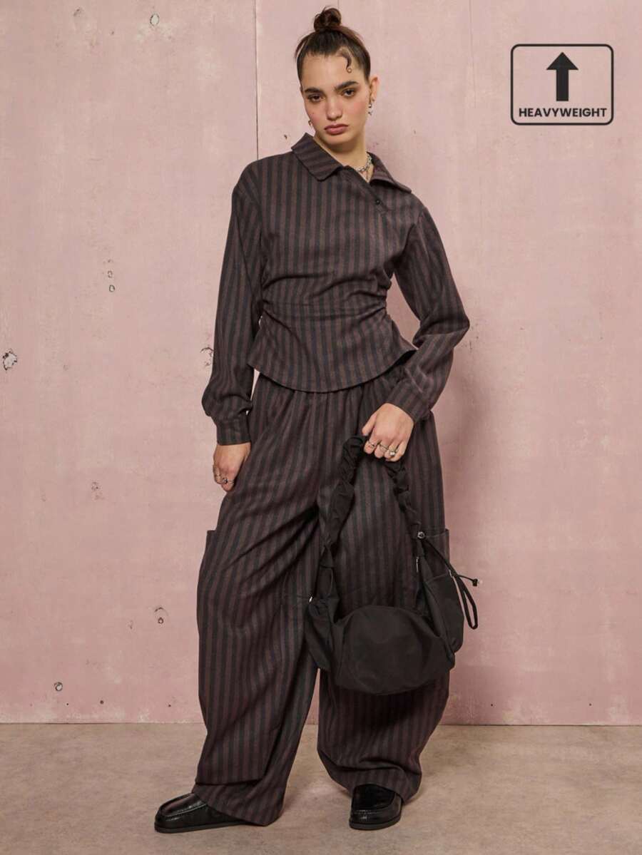 COUREZ Quần ống rộng dáng rộng có chi tiết lưới và túi bên hông cỡ lớn, quần sọc nâu thu đông Y2K đi chơi công sở - Nhiều màu - Xem 1