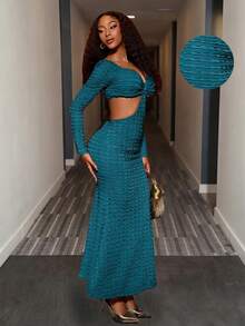 Lureya 女士时尚短款紧身弹力泡泡纹理面料派对俱乐部装性感长袖超长连衣裙 - 藍色 - 查看 8