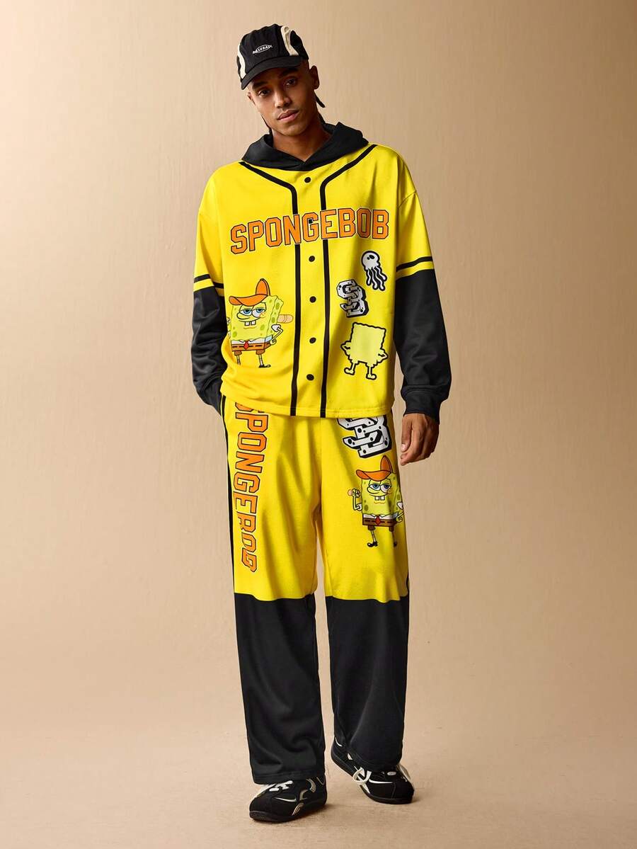 SpongeBob SquarePants | SHEIN Męski komplet z kapturem i spodniami w bloki kolorów i kreskówkowym wzorem - Czarne - Zobacz 1