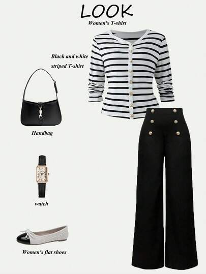 Franclia Women's Casual Basic Minimalist Black & White Striped Button T-Shirt