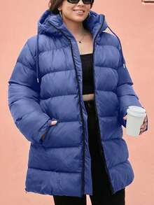EURMUSE Plus Size Zip Up Drawstring Hooded Padded Coat - Navy Blue - View 6