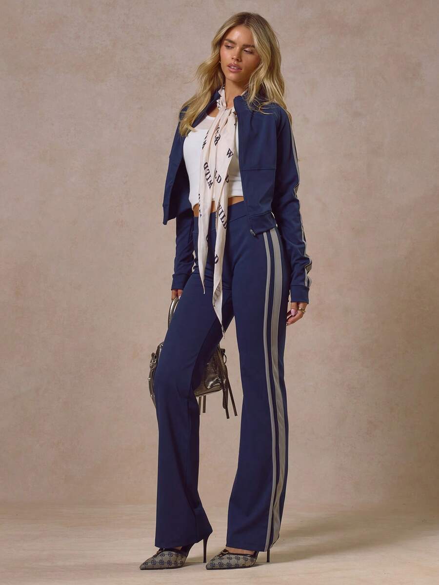 MUSERA 低腰修身条纹套装裤，酷炫街头风，休闲日常百搭，全新复古夏季款 - 藏蓝色 - 查看 1