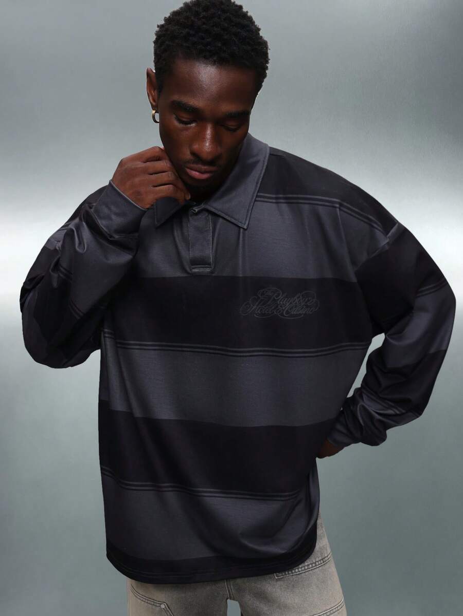 PLAYBOY X SUMWON Cropped Fit Long Sleeve Rugby Polo Shirt With Horizontal Stripes And Embroidered Logo - Multicolor - View 1