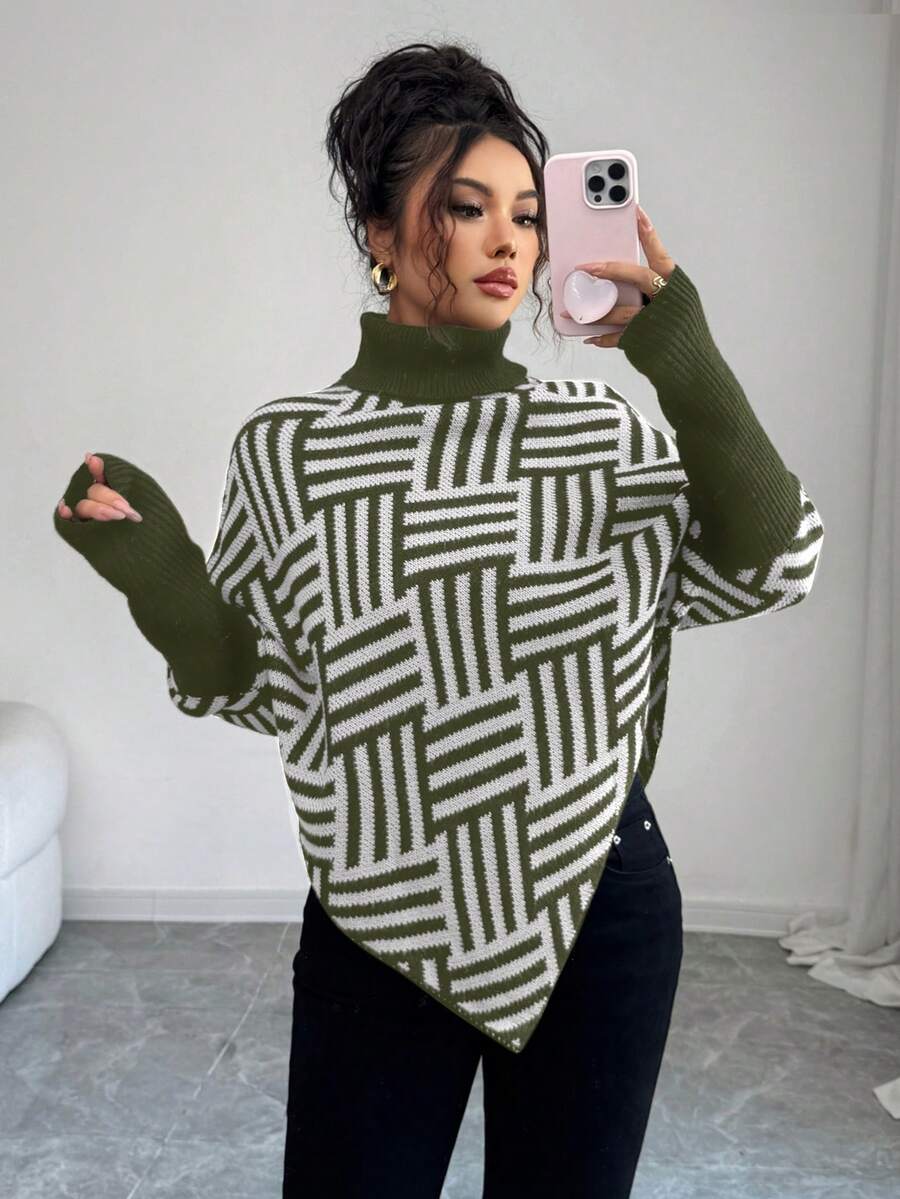 Selianne Women's Elegant High Neck Geometric Textured Poncho Sweater, Colorblock, Suitable For Home & Travel, Spring/Autumn - Army Green - View 1