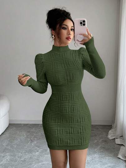 Elenzga Vestido de suéter de mujer con cuello alto, elegante, de Body ceñido y textura acanalada en la cintura