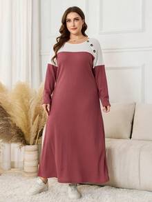 Lacomfia Váy len Waffle họa tiết khối màu cho nữ, cài nút vai, tay dài, dáng rộng thanh lịch cỡ lớn - Đỏ và trắng - Xem 6