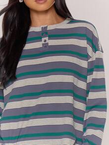 MUSERA 长袖条纹四分之一扣宽松T恤，秋季复古乡村风休闲居家上衣，女款，奶油糖色，假日春夏 - 彩色 - 查看 3
