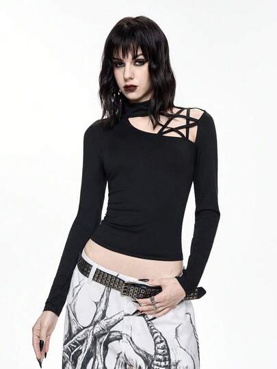 Goth Gothic Hollow Star Shoulder Long Sleeve Stand Collar Slim Fit T-Shirt