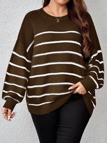 EMERY ROSE Plus Size Loose Fit Plus Size Faux Cashmere Pullover Sweater With Contrast Color Stripes In Fall/Winter - Brown - View 4