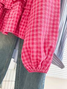 INAWLY ملابس علوية قصيرة مزخرفة بطبعات زهرية مع أكمام فانوس وذيل مكشكش، مناسبة للمرأة البدينة، للربيع والصيف - روز أحمر - مشاهدة 5