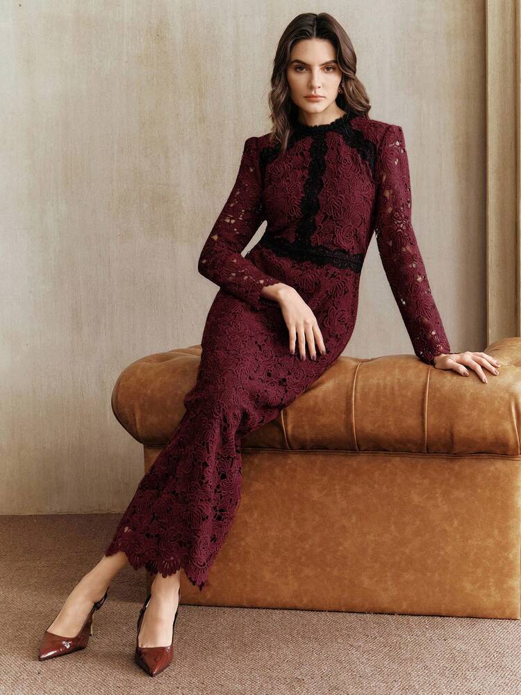 Elegant Women's Water-Soluble Lace Embroidered Floral Splice Elegant High-End Lady Long Sleeve Dress, Floral Pattern Is Not Fixed, The Floral Pattern Position May Not Be Consistent With The Product Image. Suitable For Fall, Winter, Spring, New Year, Party, Wedding, Elegant, Chic, Stylish, Business Casual, Cozy, Thanksgiving