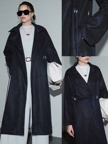 SHEIN Luminelle 秋冬经典常规版型风衣。银色孔眼抽绳腰带设计 - 黑色 - 查看 7