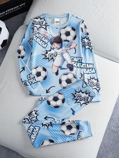 Captain Tsubasa X SHEIN Tween Boy Cool Graffiti Letter & Football Print Colorblock High Stretch Top & Pants Snug Fit Pajama Set, Autumn/Winter