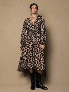 SHEIN VCAY Plus Size Leopard Print Wrap Around Long Sleeve Cinched Waist Dress, Elegant - Black - View 6