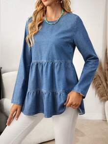 EMERY ROSE 女士休闲牛仔上衣，后背纽扣设计，圆领，长袖，荷叶边下摆 - 藍色 - 查看 3