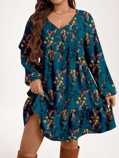 EMERY ROSE Vintage Green Floral Print Plus Size Dress