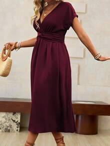 Roveilla Plus Size Women French Style Commute Casual Vacation Solid Color Crossover Shirred Tie Waist Back Adjustable Rolled Sleeve Midi Dress, Spring/Summer - Maroon - View 6