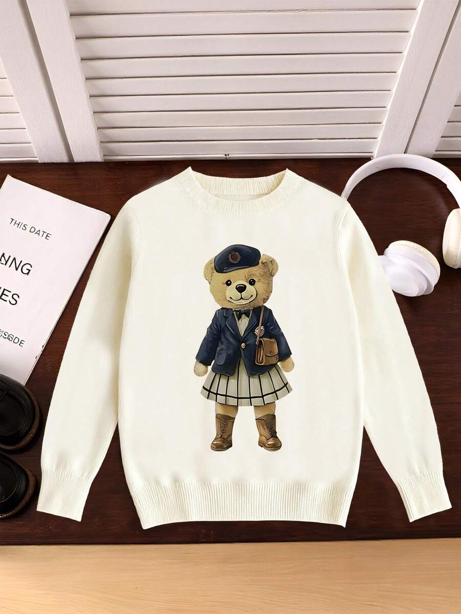 Sparklyn 1pc Tween Girl Casual Minimalist Sweater, Cute Bear Print Long Sleeve Loose Knit Pullover Top, Suitable For School, Leisure Activities, Autumn/Winter, Christmas - White - View 1