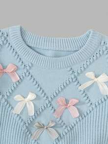 Sweetra Conjunto de 2 piezas de punto para niñas preadolescentes, suéter con decoración de moño 3D y falda plisada, conjunto de invierno lindo y elegante