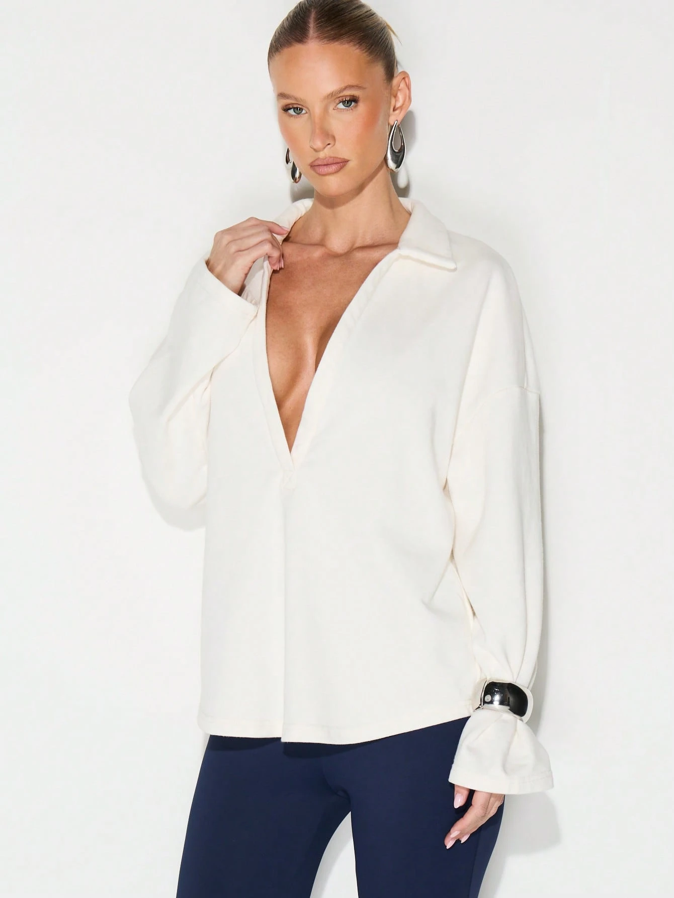 KIZN Plunge Neckline Oversized Button Blouse
