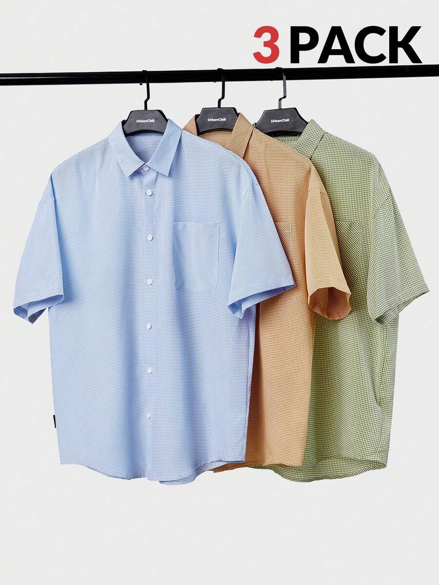 Manfinity VCAY 男士夏季三件套編織休閒寬鬆方格短袖襯衫