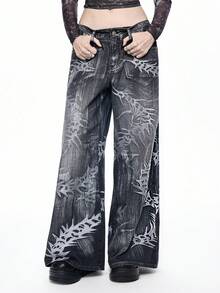 ROMWE Grunge Punk جينز واسع الساق مغسول بتصميم فتاة آلية مستقبلية - رمادي - مشاهدة 3