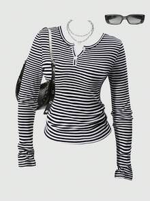 Teen GirlCasual V-Neck Long Sleeve Top With 2 Buttons, Suitable For Walking, Shopping, Work, School, Travel And Outings, Can Be Paired With Jackets, Vests, Pants, Sweatpants