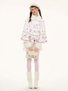 ROMWE Avant Hime Gyaru Cute & Sweet Print Faux Fur Collar Cape Jacket For Women - Apricot - View 1