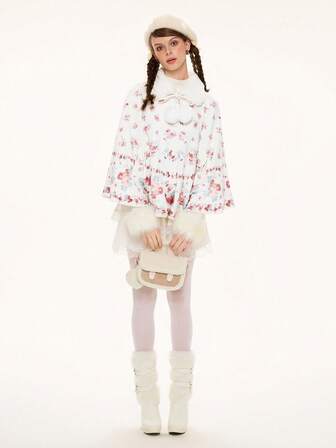 ROMWE Avant Chaqueta con cuello de piel sintética con estampado lindo y dulce para mujeres, estilo Hime Gyaru