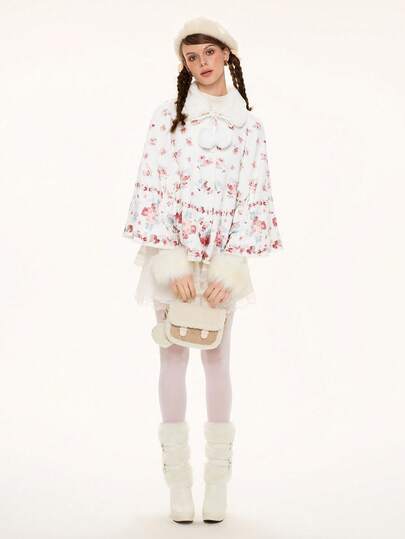 ROMWE Avant Hime Gyaru Cute & Sweet Print Faux Fur Collar Cape Jacket For Women