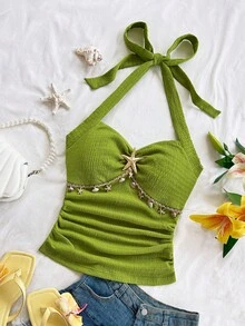 Soleia 女士度假风露背系带海星贝壳装饰荷叶边V领花卉金属扣白色针织纹理修身背心，性感修身时尚上衣，适合派对、约会、邮轮、度假、海滩、婚礼、音乐节、情人节、夜店、波西米亚风等场合。 - 軍綠色 - 查看 6