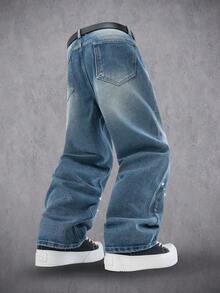 Manfinity Denimwave Quần jean ống rộng dáng rộng đính đá pha lê xanh cổ điển dành cho nam - Rửa nhẹ - Xem 3