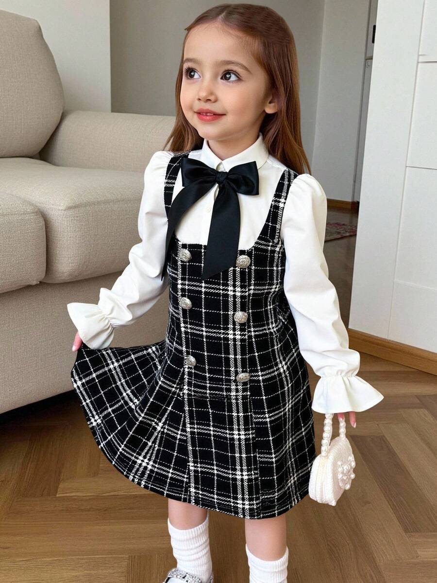 Young Girl Casual Minimalist Comfortable Collared Puff Sleeve Color Block Dress - Multicolor - View 1