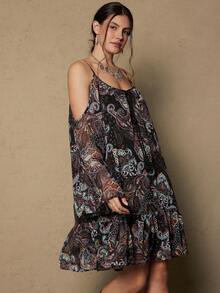 Freevana Vestido de hombros descubiertos con estampado de paisley de talla grande, otoño - Negro - Ver 6