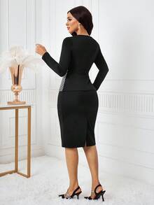 SHEIN Lady Women's Houndstooth Cutout Design Long Sleeve Top And Pencil Skirt Elegant Suit Set - Black and White - View 2