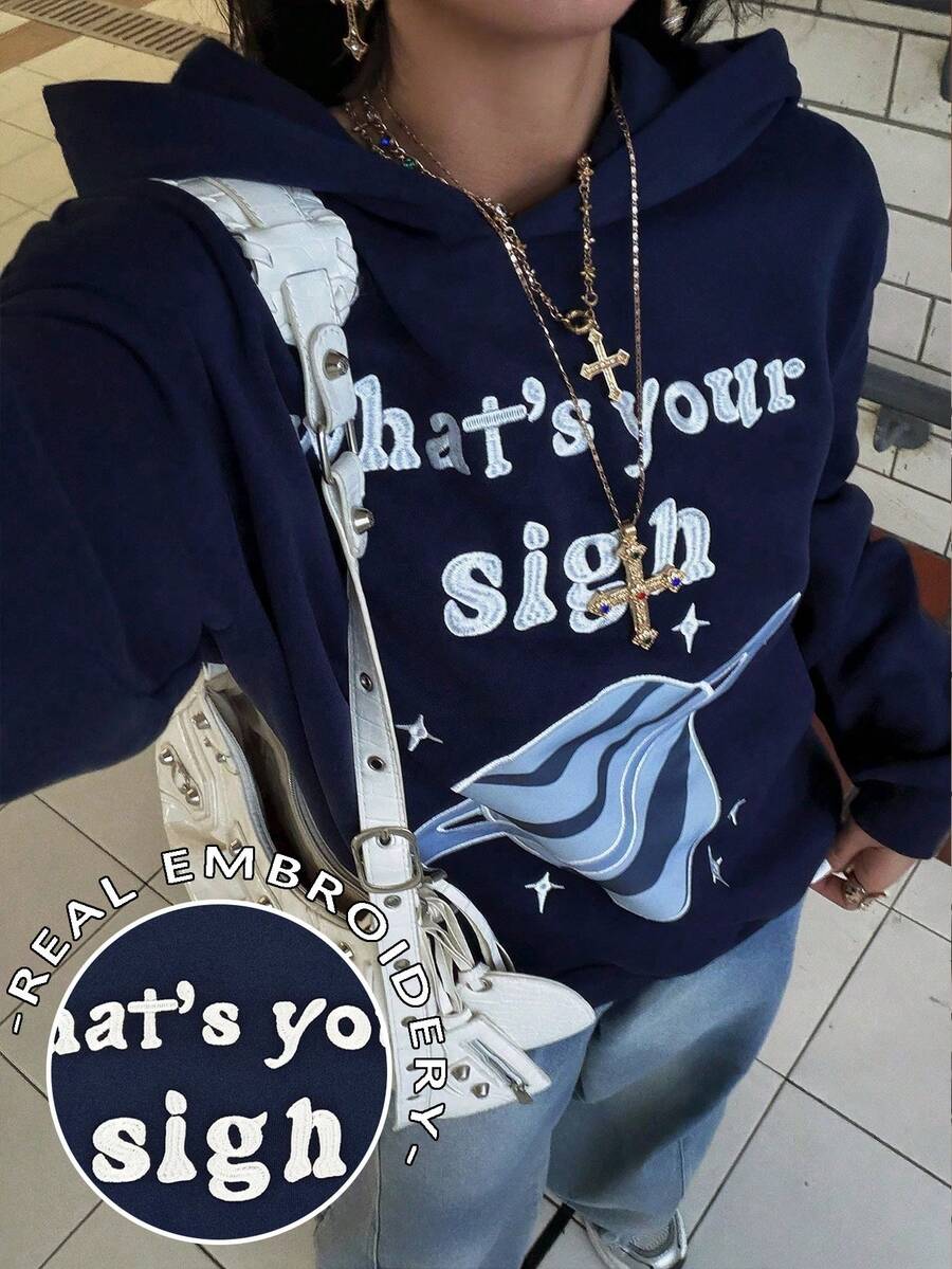 INAWLY 女士印花宽松长袖卫衣 - 藏蓝色 - 查看 1